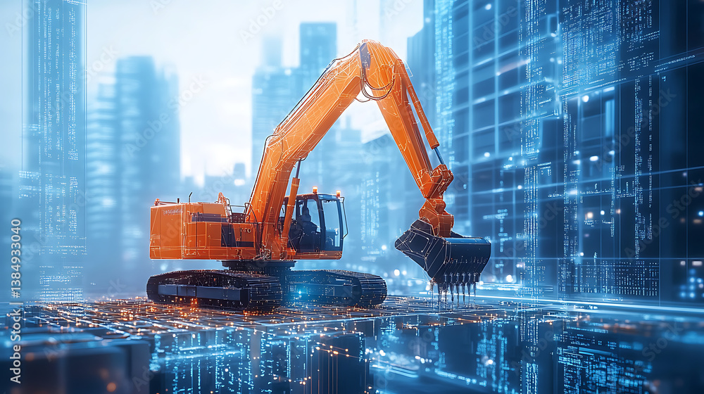 Poster an ai powered autonomous construction vehicle building a bridge in a smart city, futuristic machiner