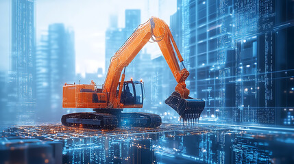 An AI powered autonomous construction vehicle building a bridge in a smart city, futuristic machinery with real-time data analysis and structural precision, Construction technology style