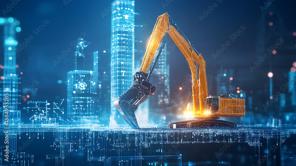 Aufkleber an ai powered autonomous construction vehicle building a bridge in a smart city, futuristic machiner