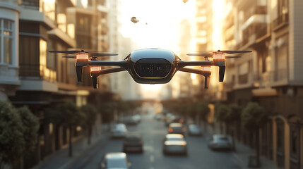 Obraz premium An AI powered autonomous delivery drone navigating through city streets to deliver packages in urban areas, Drone technology style, photo of