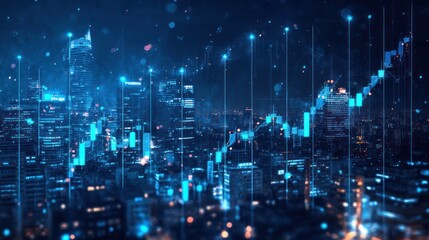 Obraz premium Night city skyline with financial data overlay. Stock photo showing a night cityscape with candlestick charts