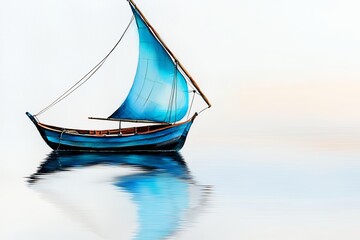 Fototapeta premium Sailing Boat with Blue Transparent Sail Gliding on Calm Waters at Dawn