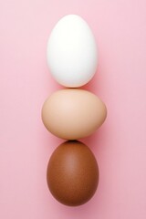 Fototapeta premium Three stacked eggs on pink background: diverse colors and textures