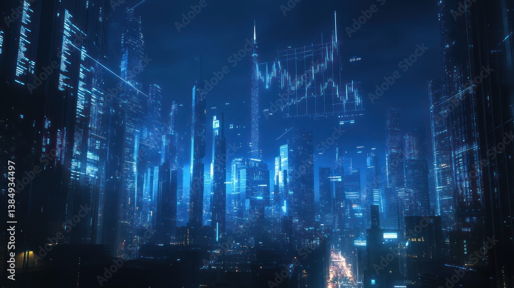 Aufkleber futuristic city at night with financial data overlay. possible stock photo use abstract background i