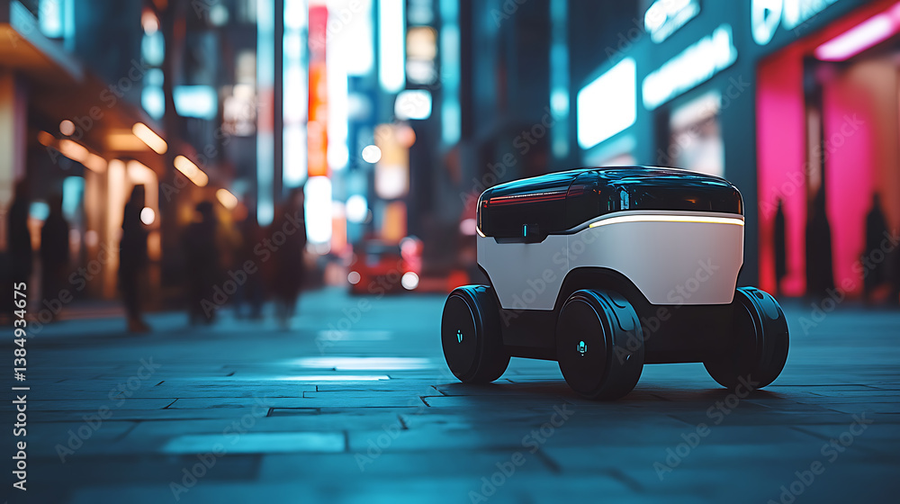 Poster an ai powered autonomous delivery robot navigating busy urban streets and delivering packages to cus