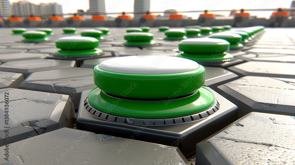Aufkleber green and white buttons placed on a geometric surface in a row