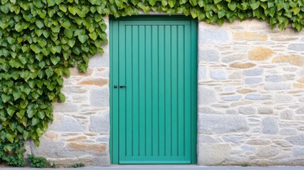 Charming green wooden door with ivy creeping up the stone walls, inviting you into a picturesque European village home