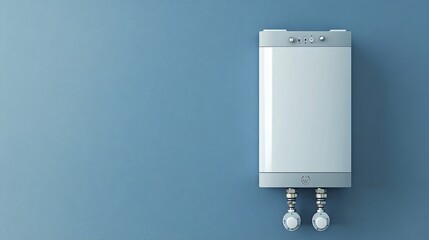 Modern water heater hanging on blue wall copy space