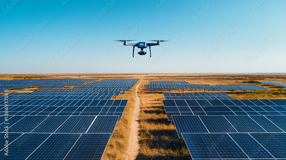 Poster an ai powered autonomous drone inspecting solar panels in a remote field, expansive solar farm with 