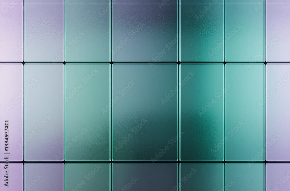Poster geometric arrangement of square tiles showcases a gradient of colors shifting from silver to green a