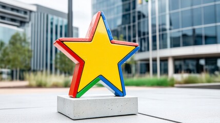 Colorful five pointed star sculpture on a concrete base in modern urban setting
