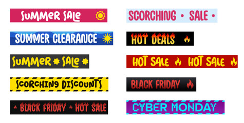 Obraz premium Colorful Vector Label Tape Set for Seasonal Sales and Promotions. Includes Summer Sale, Black Friday, Hot Deals, Cyber Monday, and Clearance Ribbons for Packaging, Banners, Ads. Vector illustration