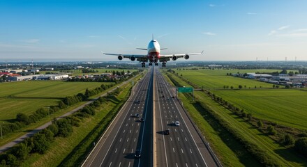 Airplane flying over highway with cars approaching landing on runway