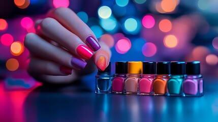 Vibrant Nail Polish Collection with Blurred Colorful Lights in the Background for Beauty Lovers