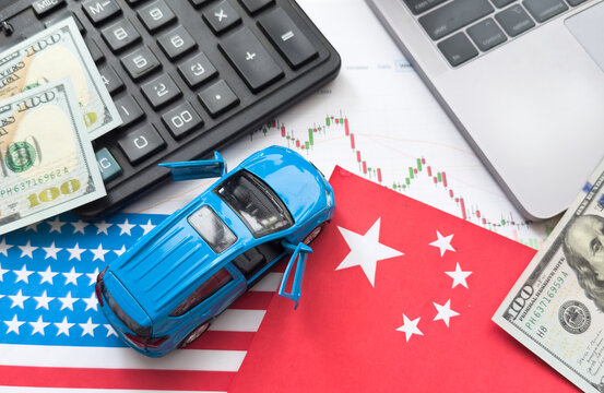 USA and China flag on coins stacking, Concept of Recession conflict tax business finance money, Symbol of economic tariffs trade war and tax barrier between United States of America and China. - Powered by Adobe