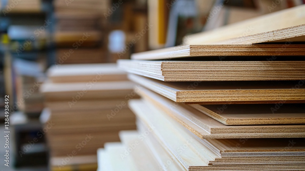 Poster stack of plywood boards resting on top of each other in a lumberyard