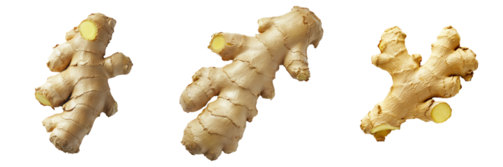 Three knobby fresh ginger roots.