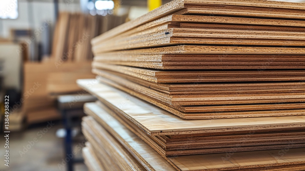 Poster stack of plywood boards forming a geometric pattern in a workshop