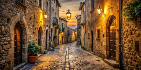 Obraz premium Evening Ambiance on a Cobblestone Street in a Historic Village with Golden Hour Lighting and Traditional Architecture