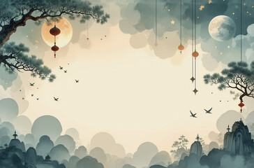 Peaceful oriental scenery featuring mountains, trees, two moons, and hanging lanterns under a cloudy sky. A serene and calming landscape.