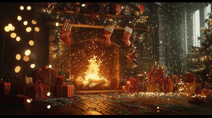 Obraz premium Christmas fireplace glowing with stockings gifts and warm light