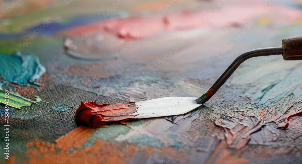 Poster close-up of palette knife applying paint on canvas; colorful abstract art in progress