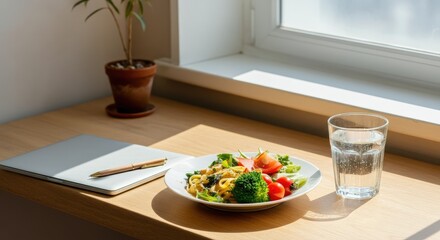 Fresh salad and pasta with glass of water on wooden table by sunny window