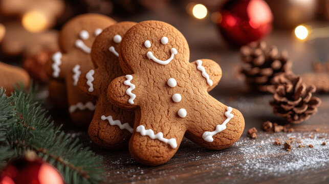 Freshly baked gingerbread cookies with smiling faces, perfect for holiday celebrations and festive gatherings