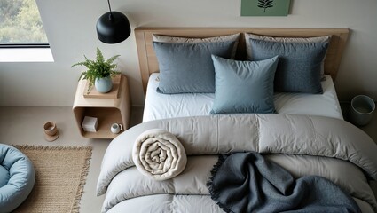 Generative AI, Scandinavian Bedroom with Light Oak Bed and Pale Blue Accents