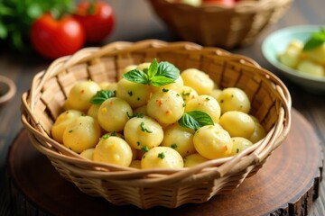 Boiled gnocchi or ravioli filled with ingredients served in a wooden wicker basket on a modern table , italian, rustic, meal