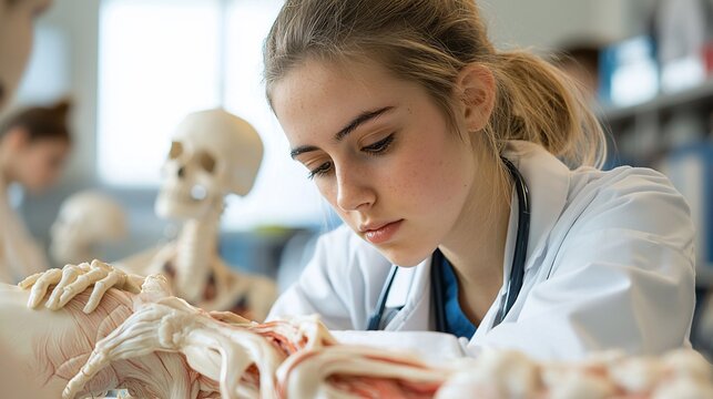 Medical student studying anatomy model in lab