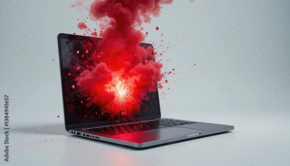Poster laptop with vibrant explosion of red smoke and sparks emanating from screen, creating dramatic visua