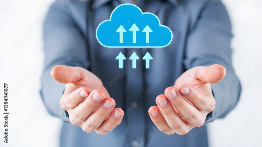 Poster cloud connection: a person holds a digital cloud with upward-pointing arrows, symbolizing data trans