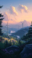A calm evening view of wind turbines on a mountain ridge, with soft light illuminating the landscape