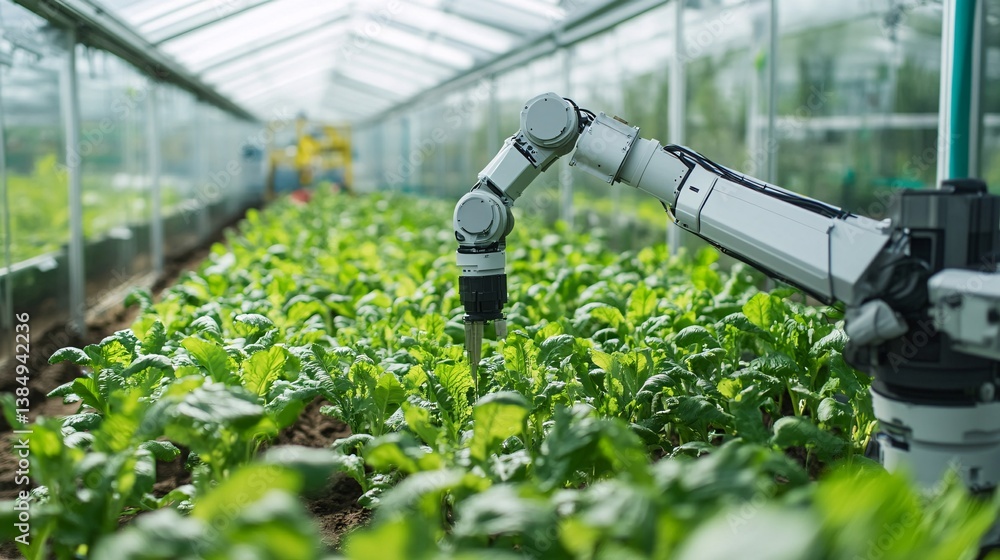 Poster Robotic arm tending to crops in a greenhouse setting