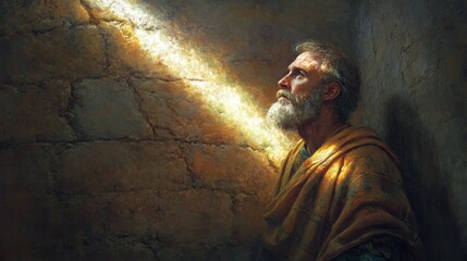 Apostle Paul in prayerful reflection, leaning against a stone wall, illuminated by divine light beams, symbolizing faith and devotion.