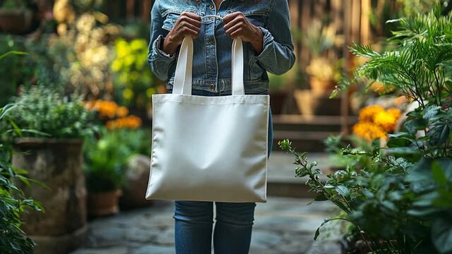 Woman holding blank white tote bag in garden