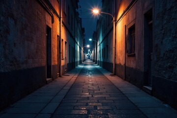 Fototapeta premium Darkened alleyway background with concrete blocks , dark, wall, grey