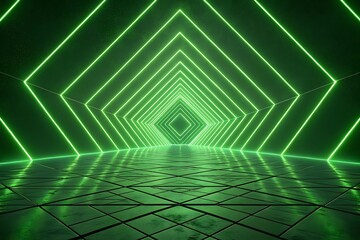 Futuristic glowing green tunnel with reflective floors and geometric diamond shapes