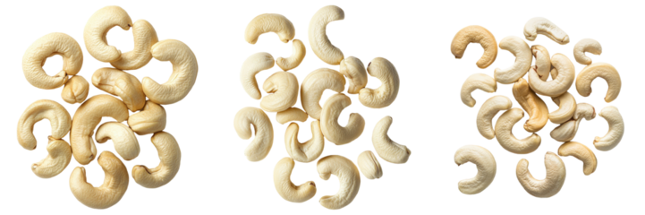 Three clusters of roasted cashew nuts.