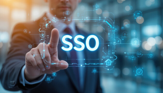 Businessman interacting with digital interface displaying SSO technology, symbolizing security and innovation digital identity