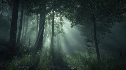 Fototapeta premium Misty forest sunlight through trees; serene nature scene; atmospheric landscape; possible use stock photography