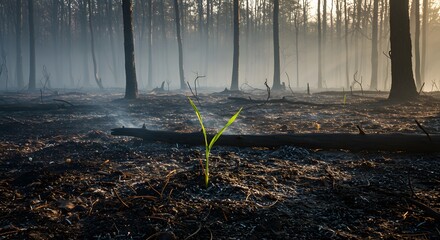 Burnt forest with a surviving plant in the ashes