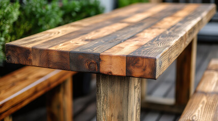 Naklejka premium beautifully crafted wooden table showcasing rich textures and colors, perfect for outdoor settings. natural grain adds warmth and charm