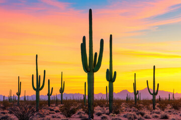 Saguaro cactus silhouettes against vibrant desert sunset horizon in Arizona landscape