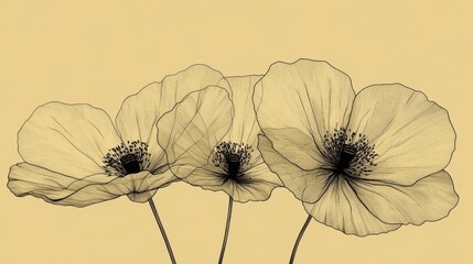 Obraz premium An elegant black-and-white sketch of three poppies, great for artistic design and creative inspiration