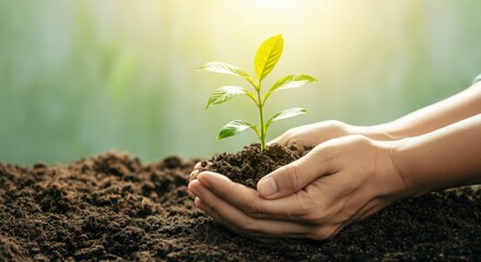 Fototapeta premium Hands holding small seedling plant above soil, with sunlight in background