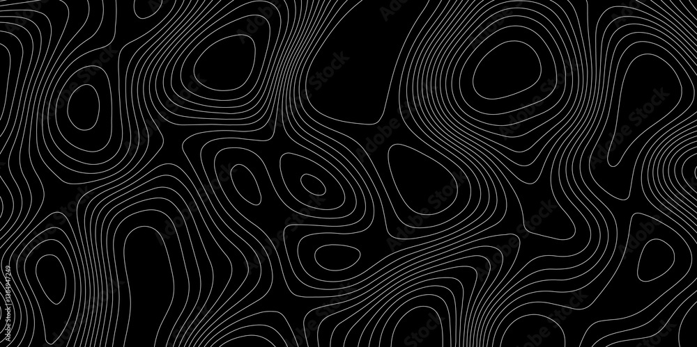 Poster abstract outline topographic contour map pattern with white lines on dark background, modern flat ge