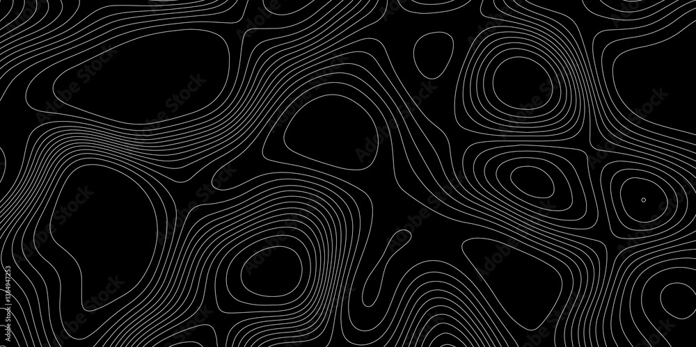 Poster abstract outline topographic contour map pattern with white lines on dark background, modern flat ge