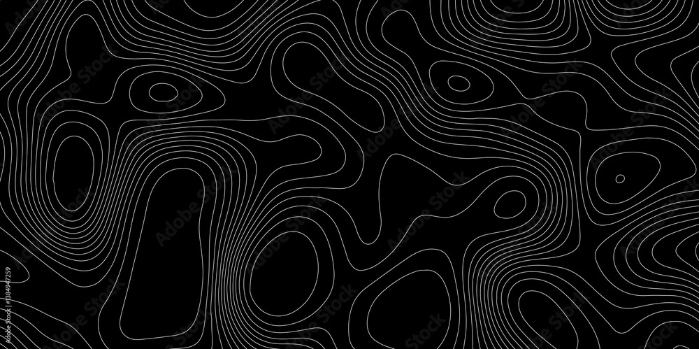 Poster abstract outline topographic contour map pattern with white lines on dark background, modern flat ge